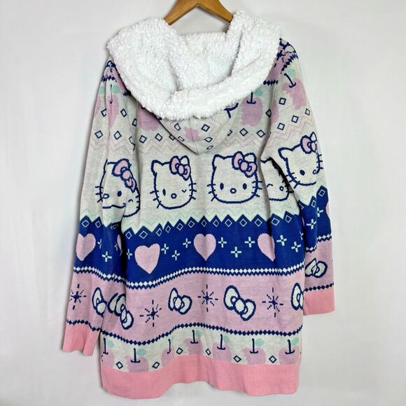 Hot Topic Hello Kitty Pastel Fair Isle Sherpa Girls Cardigan Size 1 Large Hooded - Picture 2 of 16